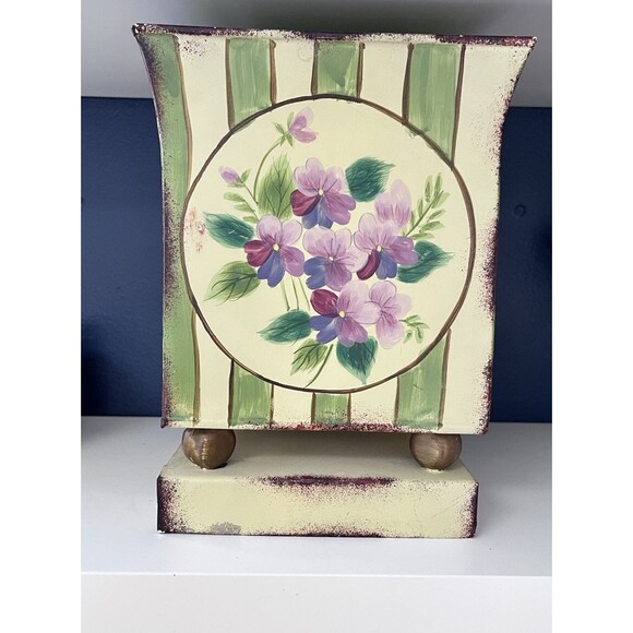 Vtg Hand Painted Green Yellow Striped Metal Toleware Planter Cache Pot Floral - Picture 1 of 6